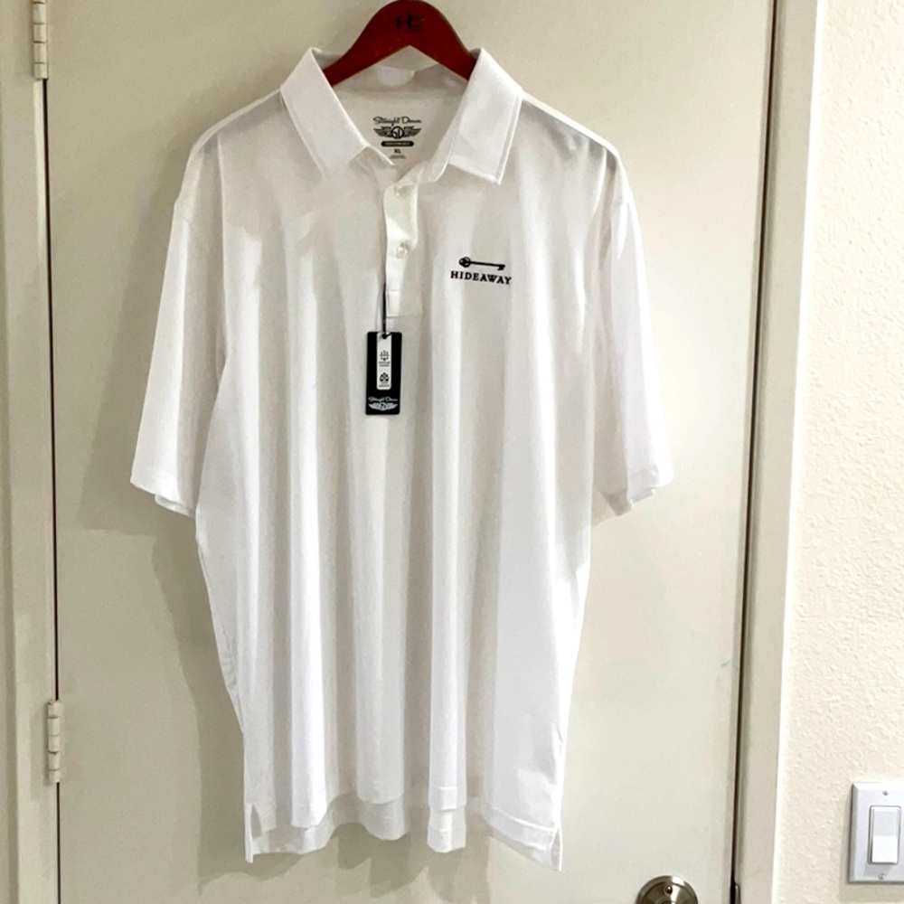 NWT L Straight Down White Golf Shirt with “Hideaway” logo.